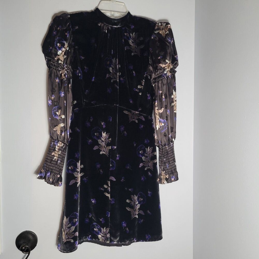 Rebecca Taylor Velvet Silk Blend Whimsigoth Floral Back Bow Cocktail Dress Sz 2